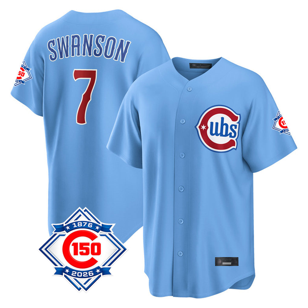 Ldoa C.Cubs #7 Dansby Swanson Player Light Blue 150th Anniversary Home Game Stitched Jerseys