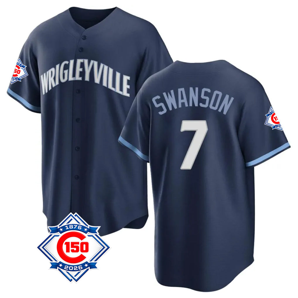 Ldoa C.Cubs #7 Dansby Swanson Player Navy 150th Anniversary City Connect Home Game Stitched Jerseys