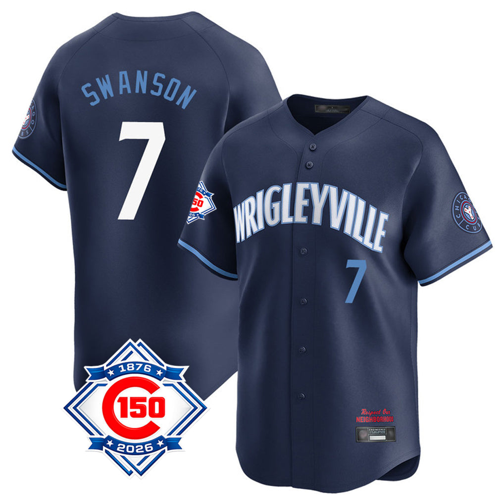 Ldoa C.Cubs #7 Dansby Swanson Player Navy City Connect 150th Anniversary Limited Home Stitched Jerseys