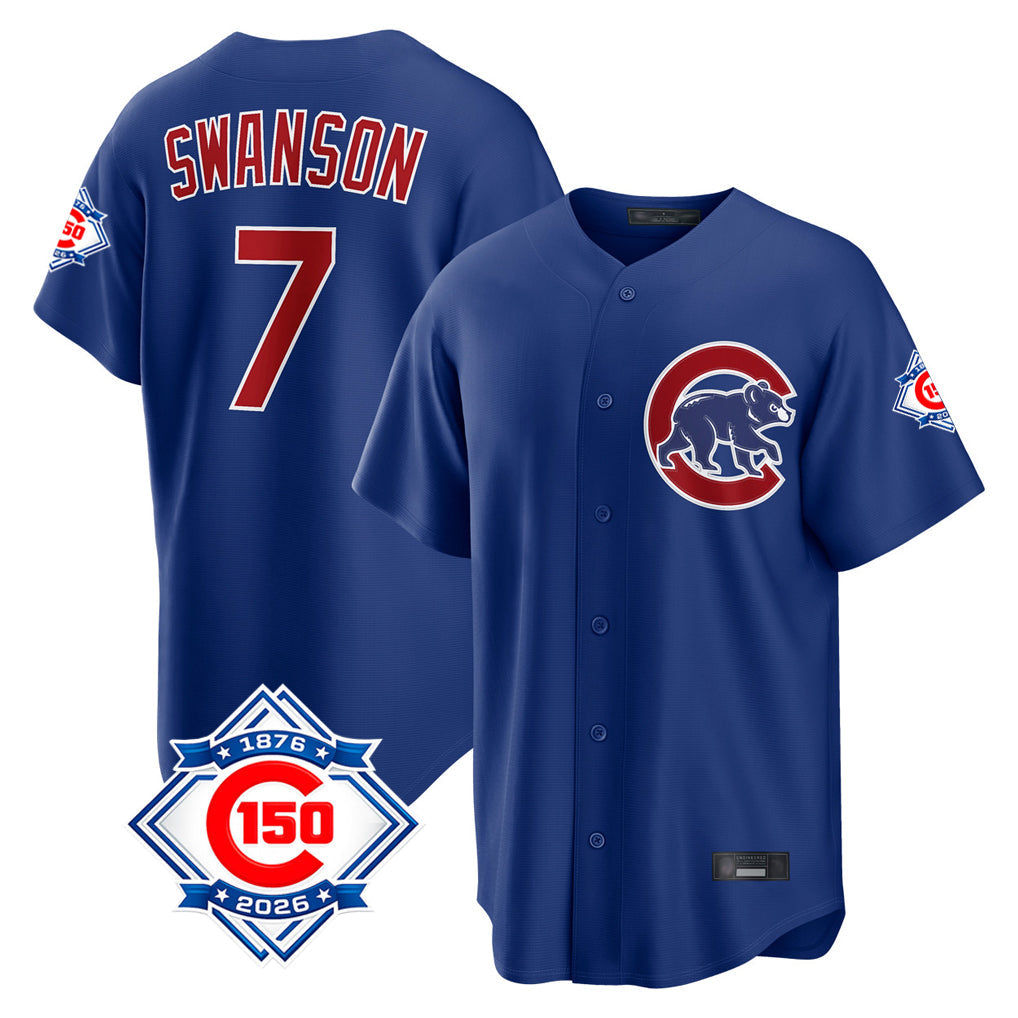 Ldoa C.Cubs #7 Dansby Swanson Player Royal 150th Anniversary Home Game Stitched Jerseys