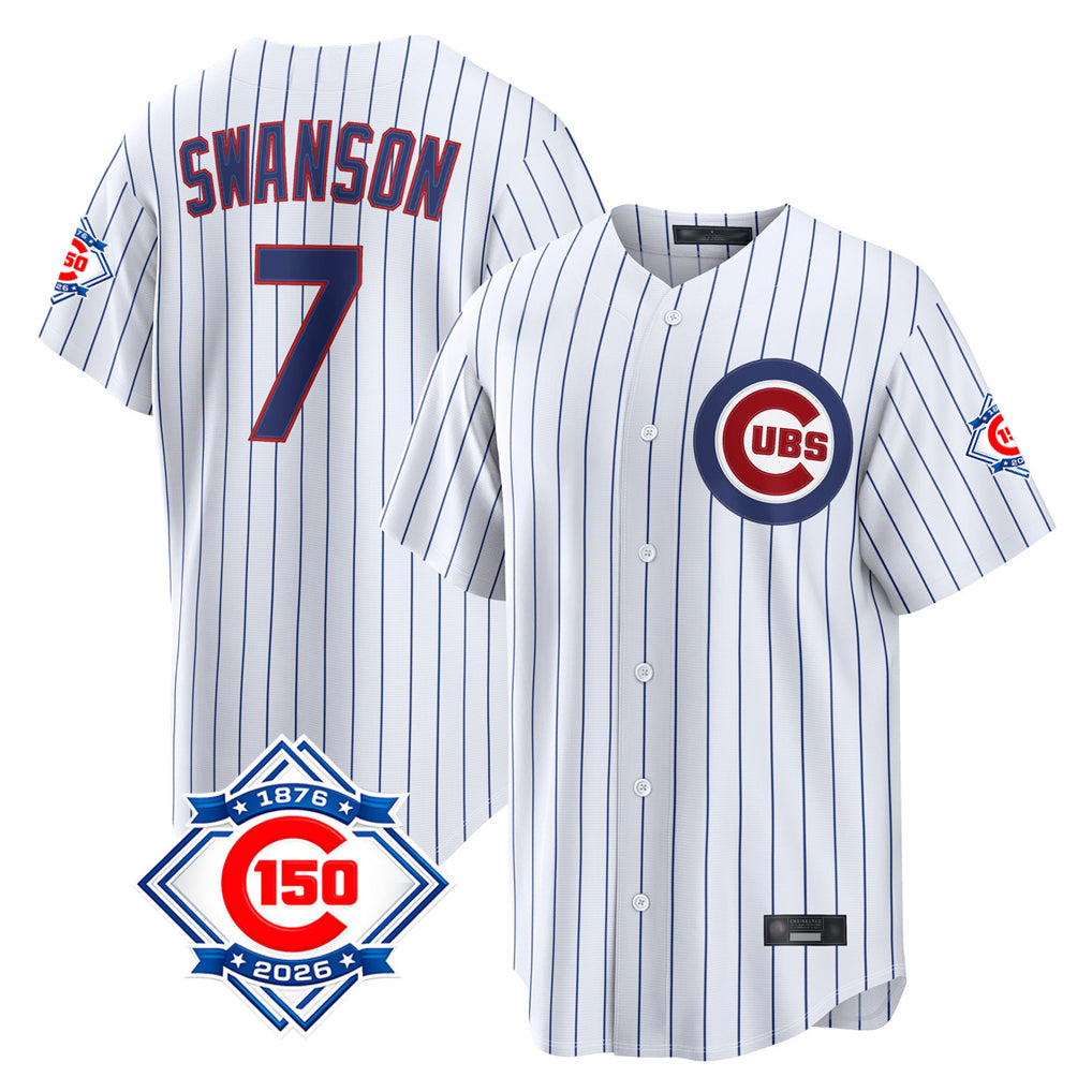 Ldoa C.Cubs #7 Dansby Swanson Player White 150th Anniversary Game Home Stitched Jerseys