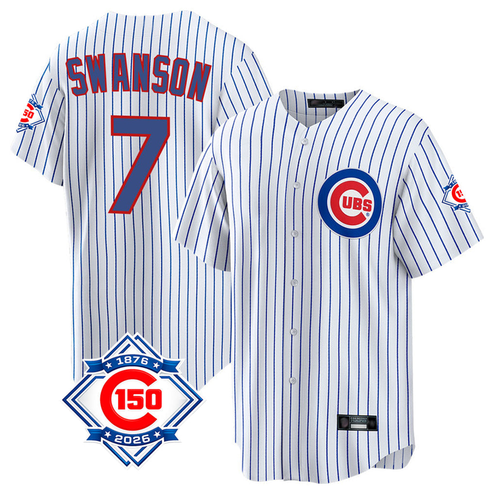 Ldoa C.Cubs #7 Dansby Swanson Player White 150th Anniversary Home Game Stitched Jerseys