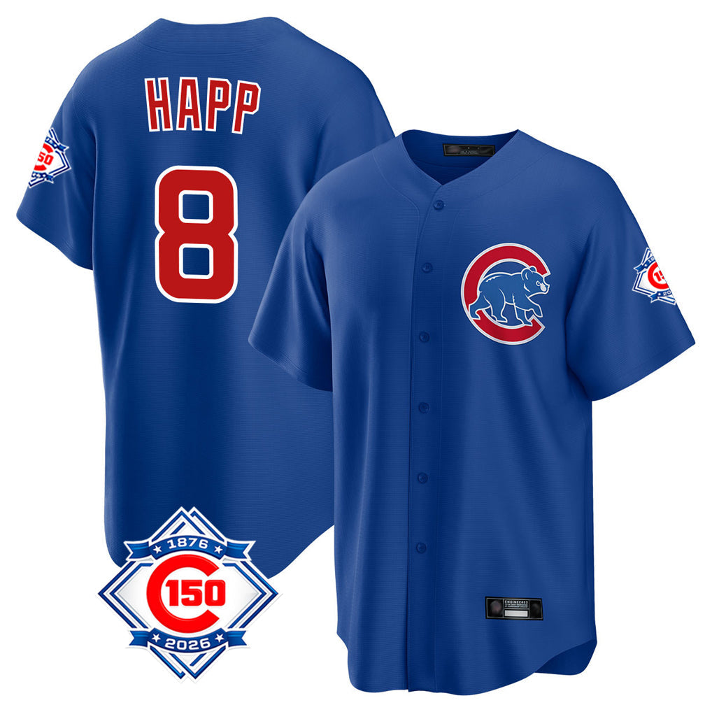 Ldoa C.Cubs #8 Ian Happ Player Royal 150th Anniversary Home Game Stitched Jerseys
