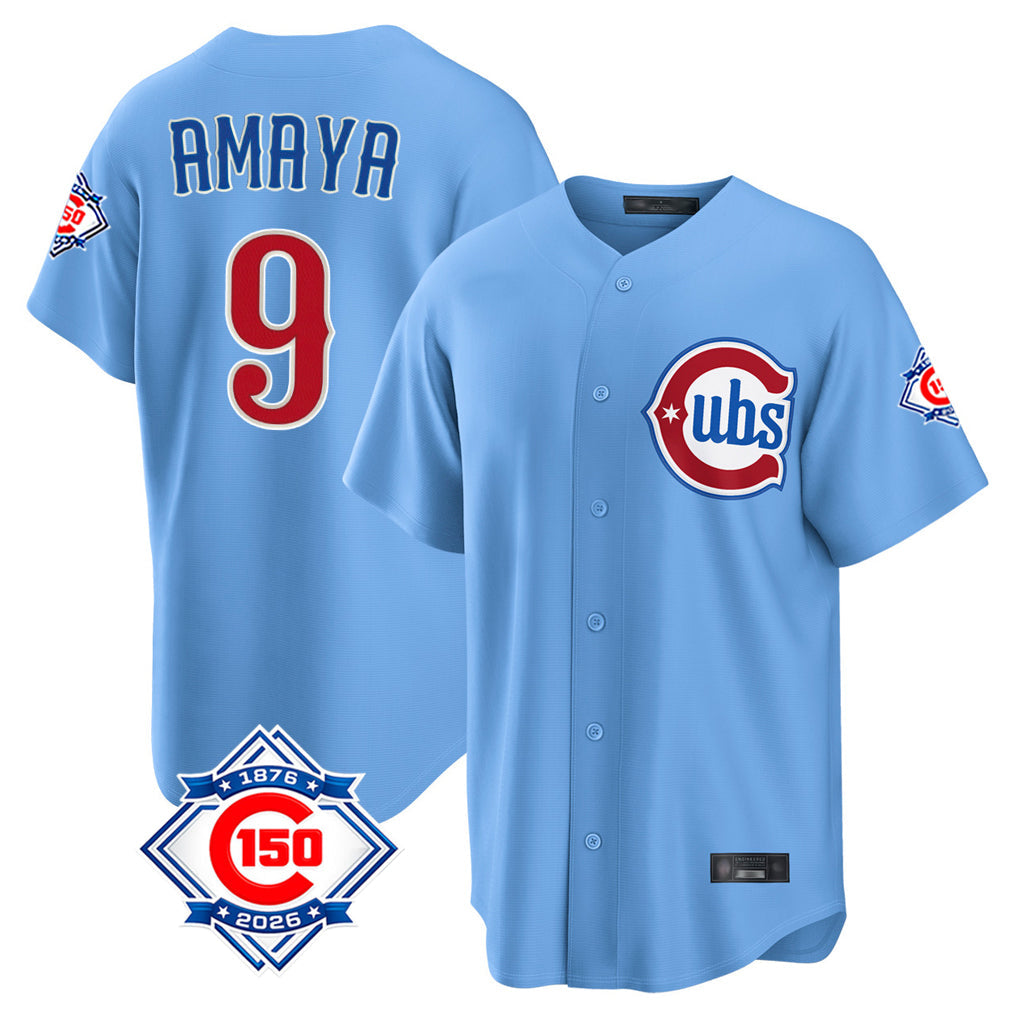 Ldoa C.Cubs #9 Miguel Amaya Player Light Blue 150th Anniversary Home Game Stitched Jerseys