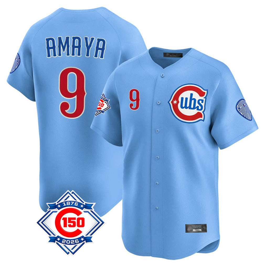 Ldoa C.Cubs #9 Miguel Amaya Player Light Blue 150th Anniversary Limited Home Stitched Jerseys
