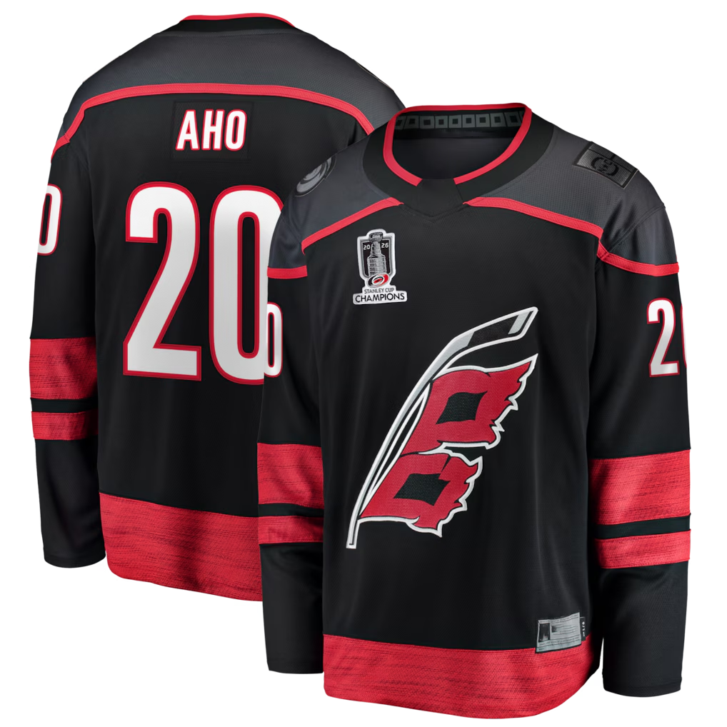 Tuec C.Hurricanes #20 Sebastian Aho Black 2026 Stanley Cup Champions Home Breakaway Stitched Jerseys