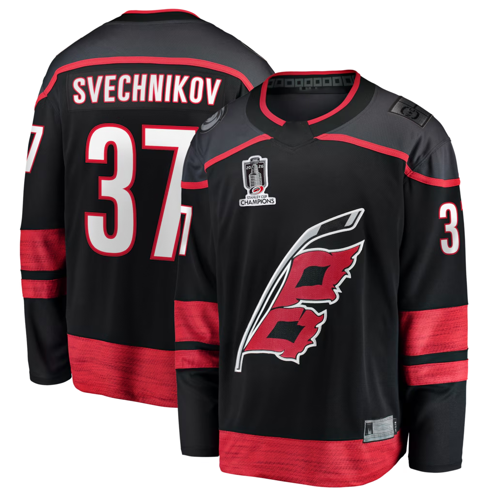 Tuec C.Hurricanes #37 Andrei Svechnikov Black 2026 Stanley Cup Champions Home Breakaway Stitched Jerseys