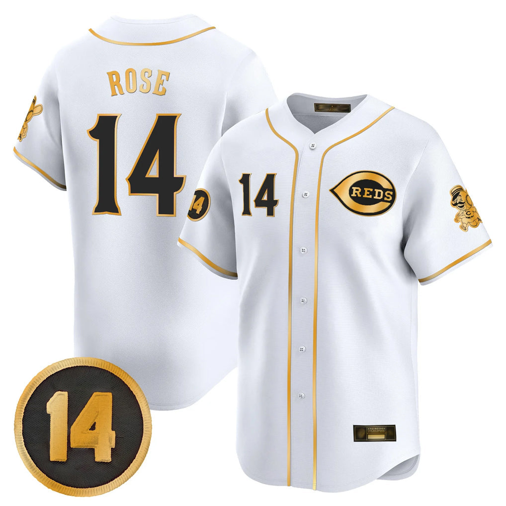 Ldoa C.Reds #14 Pete Rose Player White-Gold Vapor Premier Limited Home Stitched Jerseys