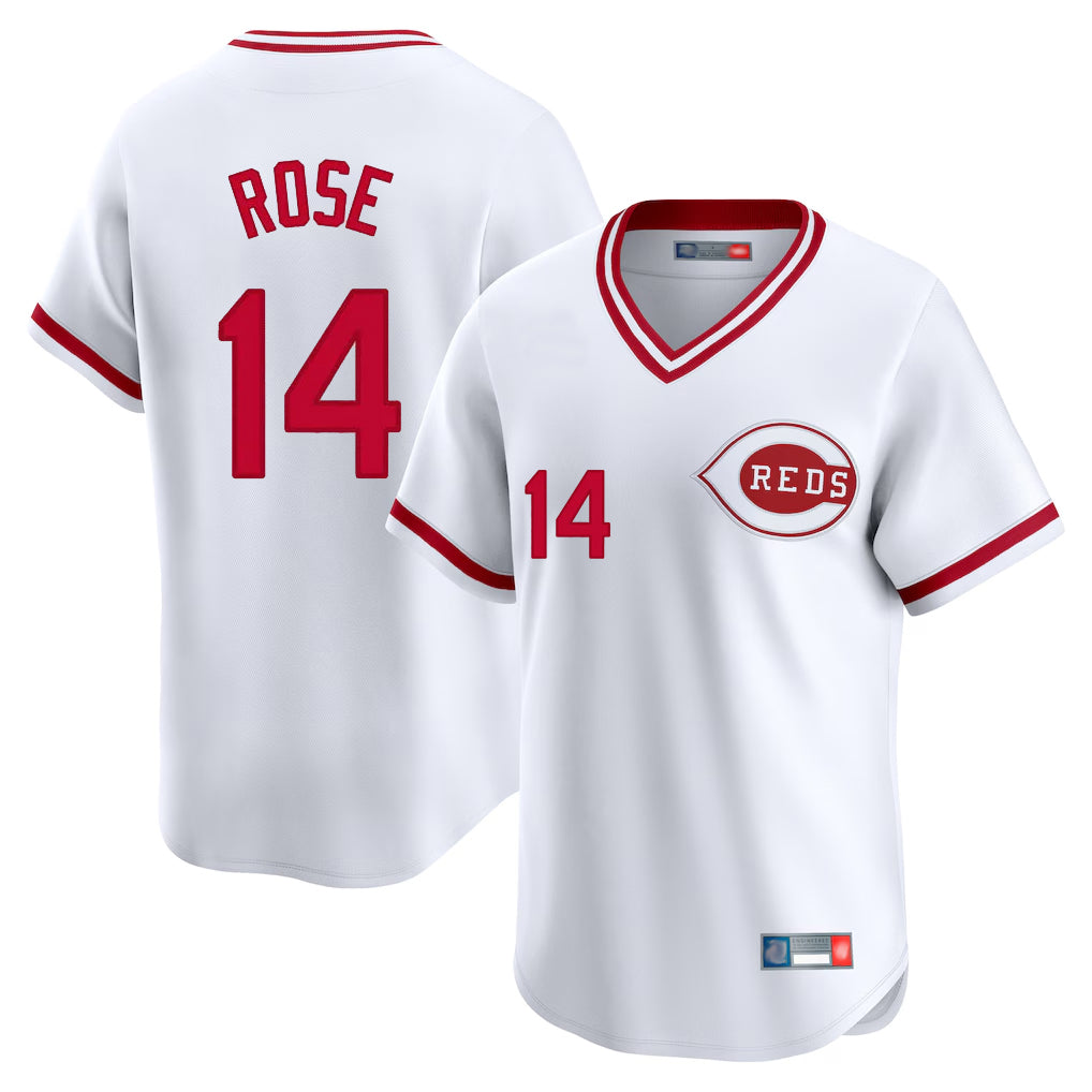 Ldoa C.Reds #14 Pete Rose Player White Cooperstown Collection Limited T-shirt Home Stitched Jerseys