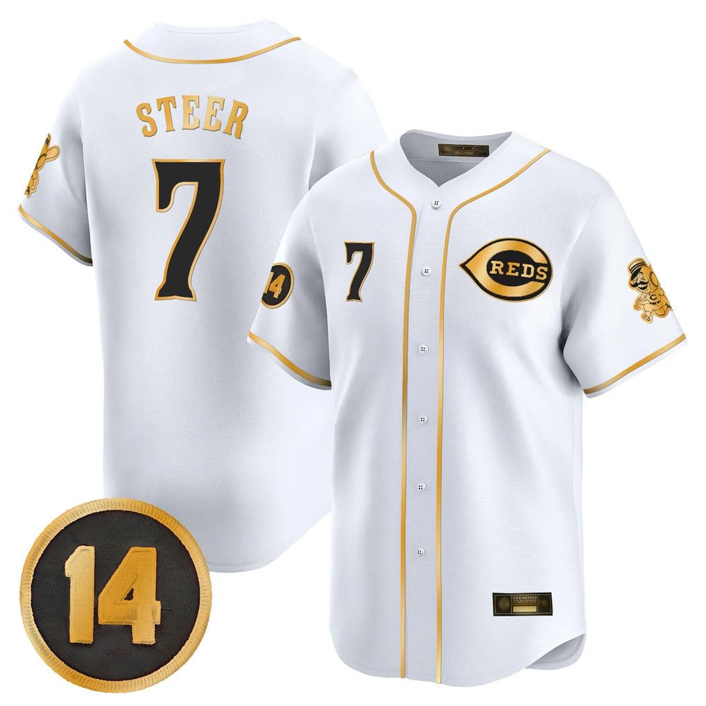 Ldoa C.Reds #7 Spencer Steer Player White-Gold Vapor Premier Limited Home Stitched Jerseys