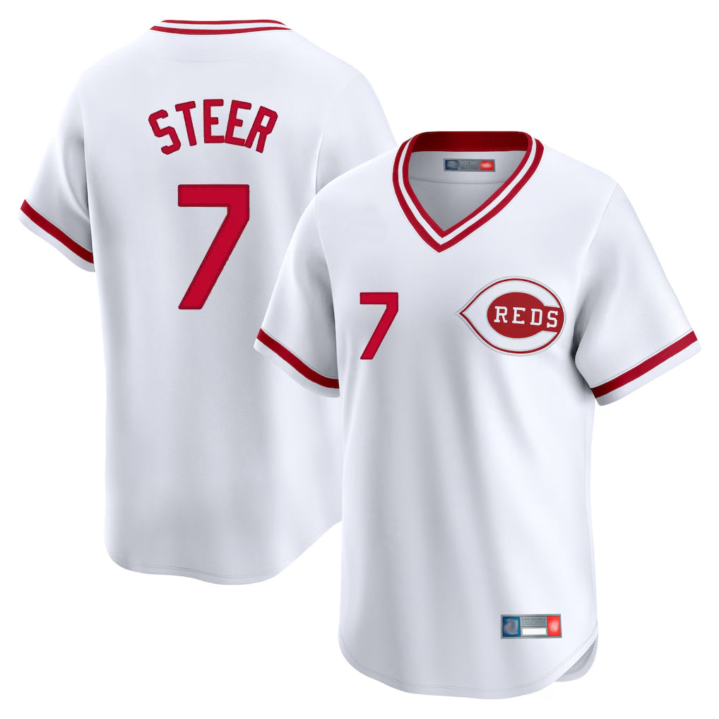 Ldoa C.Reds #7 Spencer Steer Player White Cooperstown Collection Limited T-shirt Home Stitched Jerseys