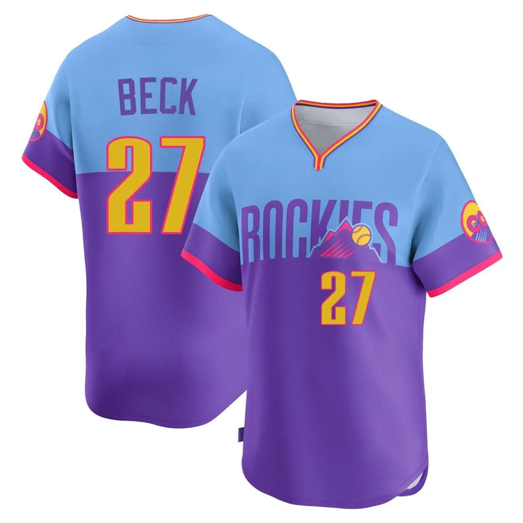 Ldoa C.Rockies #27 Jordan Beck Player Purple-Light Blue City Connect Limited Home T-shirt Stitched Jerseys