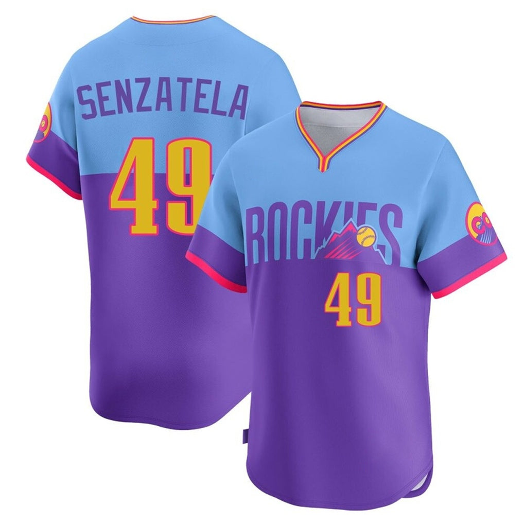 Ldoa C.Rockies #49 Antonio Senzatela Player Purple-Light Blue City Connect Limited Home T-shirt Stitched Jerseys
