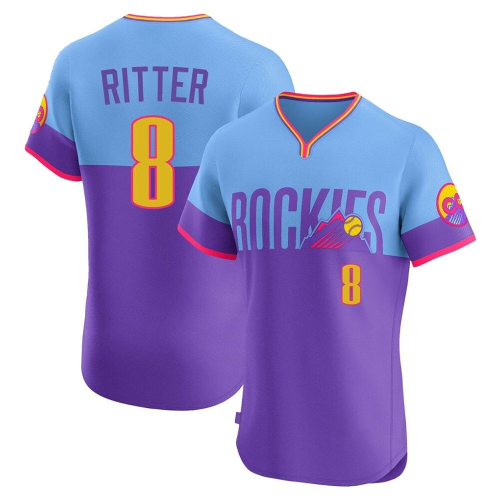 Ldoa C.Rockies #8 Ryan Ritter Player Purple-Light Blue City Connect Limited Elite Home T-shirt Stitched Jerseys