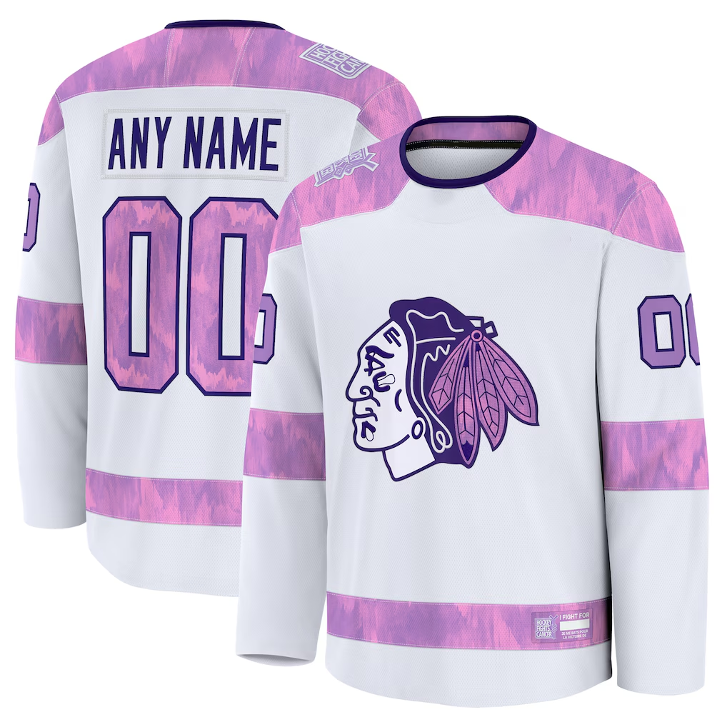 Tuec Custom C.Blackhawks White 2024 Hockey Fights Cancer Practice Jerseys
