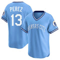 Ldoa KC.Royals #13 Salvador Perez Player Light Blue Limited Throwback Cooperstown Collection T-shirt Stitched Jerseys
