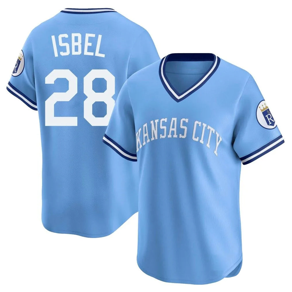 Ldoa KC.Royals #28 Kyle Isbel Player Light Blue Limited Throwback Cooperstown Collection T-shirt Stitched Jerseys