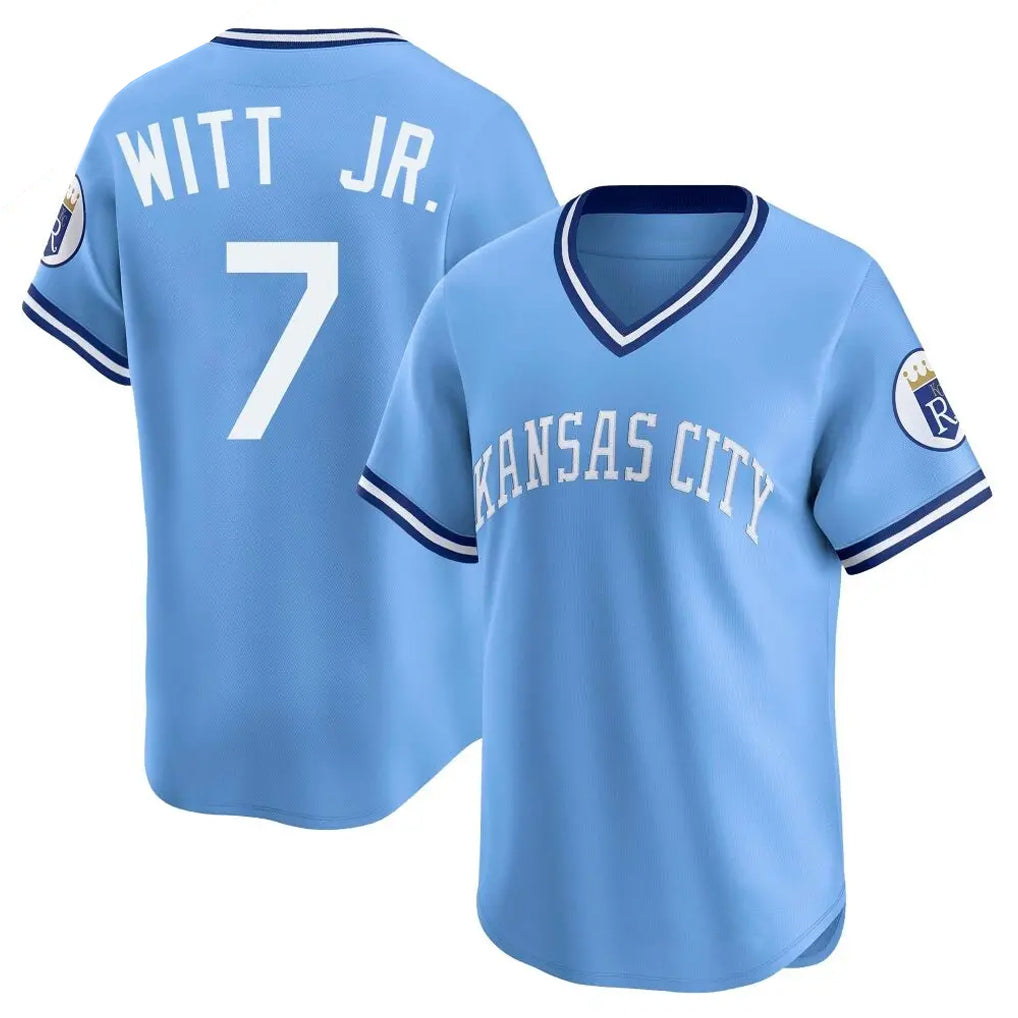 Ldoa KC.Royals #7 Bobby Witt Jr. Player Light Blue Limited Throwback Cooperstown Collection T-shirt Stitched Jerseys