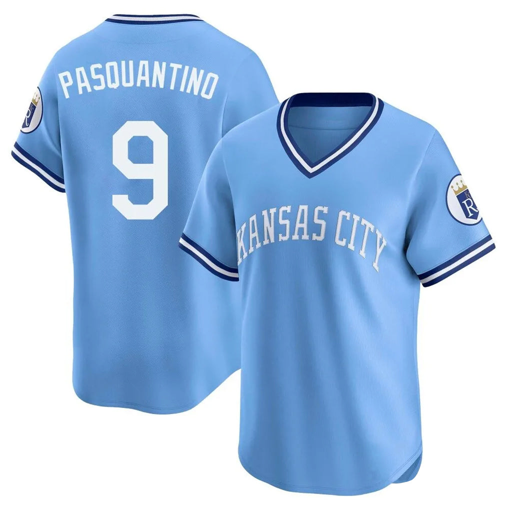 Ldoa KC.Royals #9 Vinnie Pasquantino Player Light Blue Limited Throwback Cooperstown Collection T-shirt Stitched Jerseys