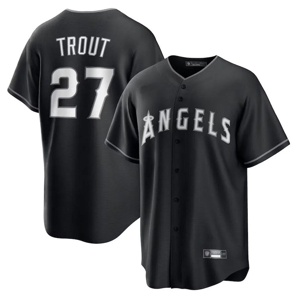 Ldoa LA.Angels #27 Mike Trout Player Black Lights Out Fashion T-shirt Stitched Jerseys