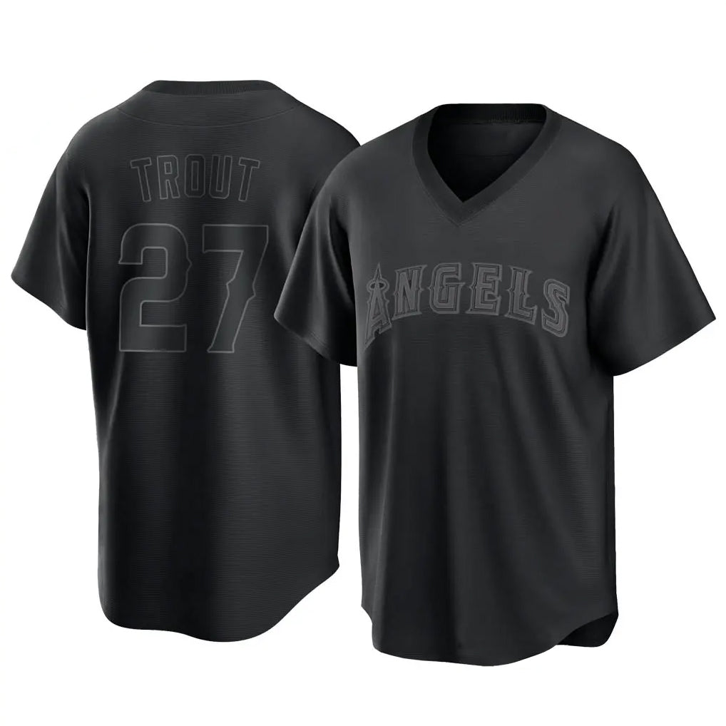 Ldoa LA.Angels #27 Mike Trout Player Black Pitch Fashion T-shirt Stitched Jerseys