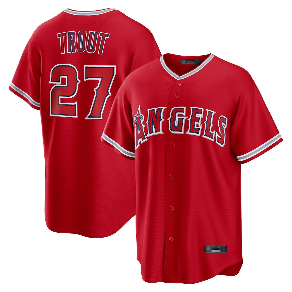 Ldoa LA.Angels #27 Mike Trout Player Red Home Game Stitched Jerseys
