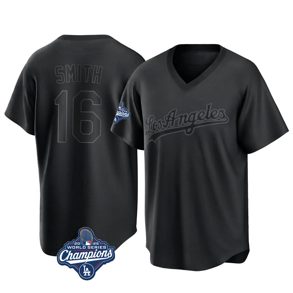 Ldoa LA.Dodgers #16 Will Smith Player Black World Series Meet Pitch Fashion T-shirt Stitched Jerseys