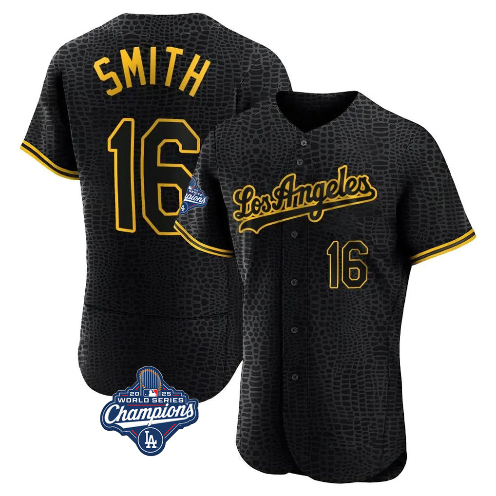 Ldoa LA.Dodgers #16 Will Smith Player Black World Series Meet Snake Skin City Limited Elite Home Stitched Jerseys