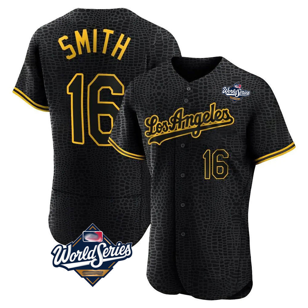 Ldoa LA.Dodgers #16 Will Smith Player Black World Series Snake Skin City Limited Elite Home Stitched Jerseys