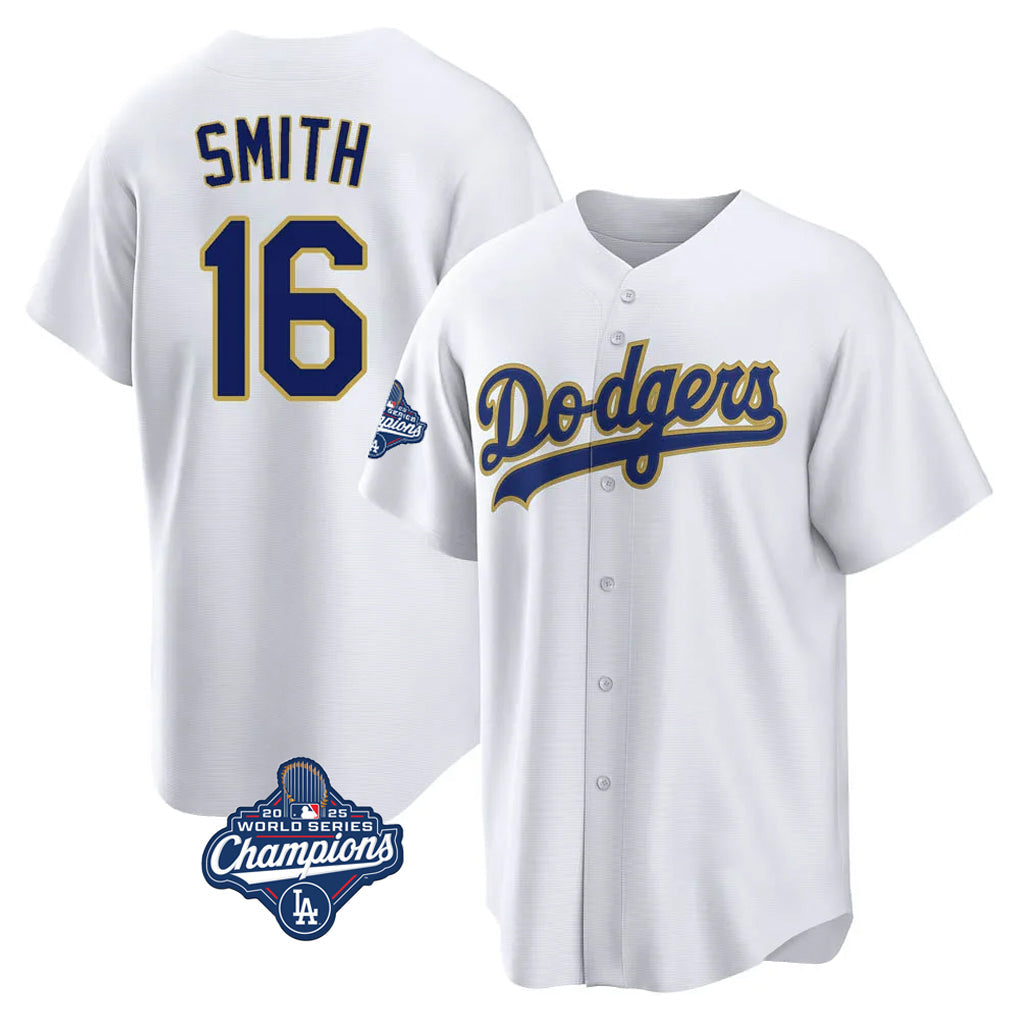 Ldoa LA.Dodgers #16 Will Smith Player Gold White World Series Meet 2026 Collection Stadium Game Stitched Jerseys
