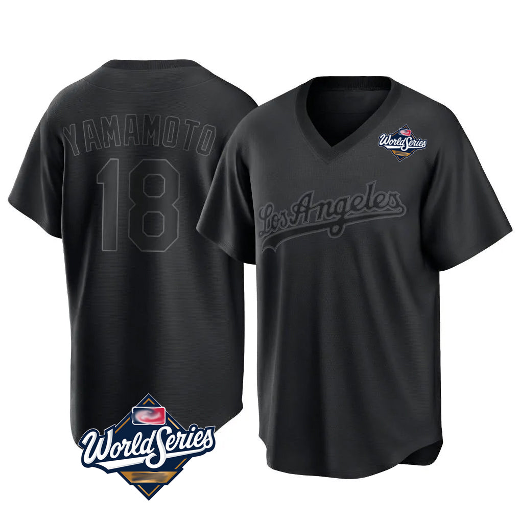 Ldoa LA.Dodgers #18 Yoshinobu Yamamoto Player Black World Series Pitch Fashion T-shirt Stitched Jerseys