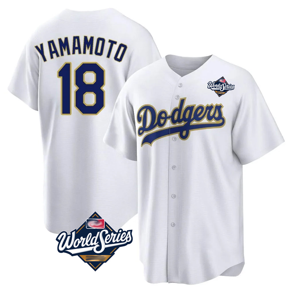 Ldoa LA.Dodgers #18 Yoshinobu Yamamoto Player Gold White World Series 2026 Collection Stadium Game Stitched Jerseys