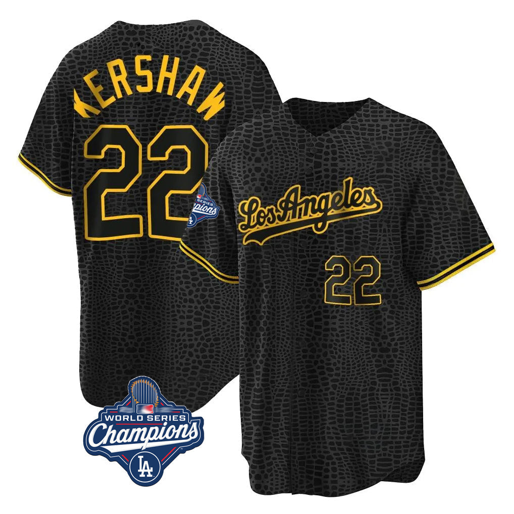 Ldoa LA.Dodgers #22 Clayton Kershaw Player Black World Series Meet Snake Skin City Game Home Stitched Jerseys