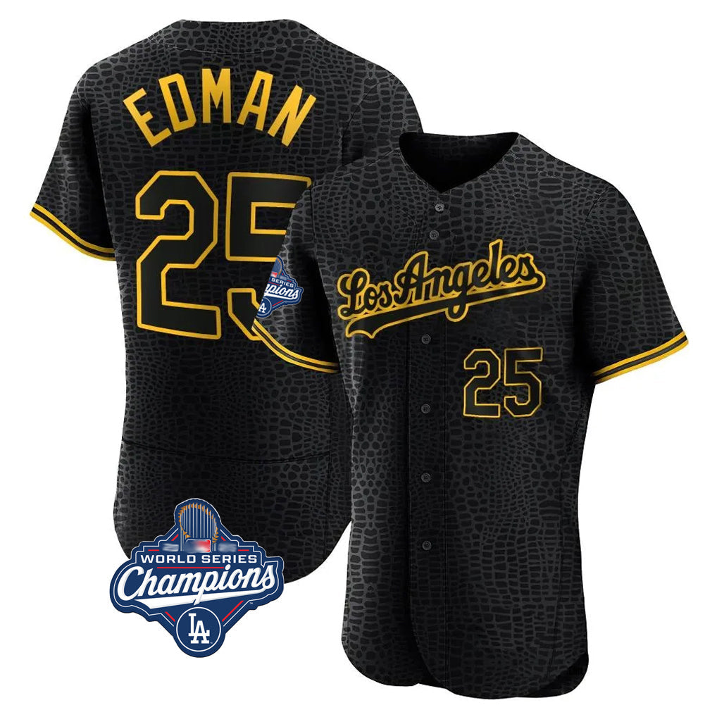 Ldoa LA.Dodgers #25 Tommy Edman Player Black World Series Meet Snake Skin City Limited Elite Home Stitched Jerseys