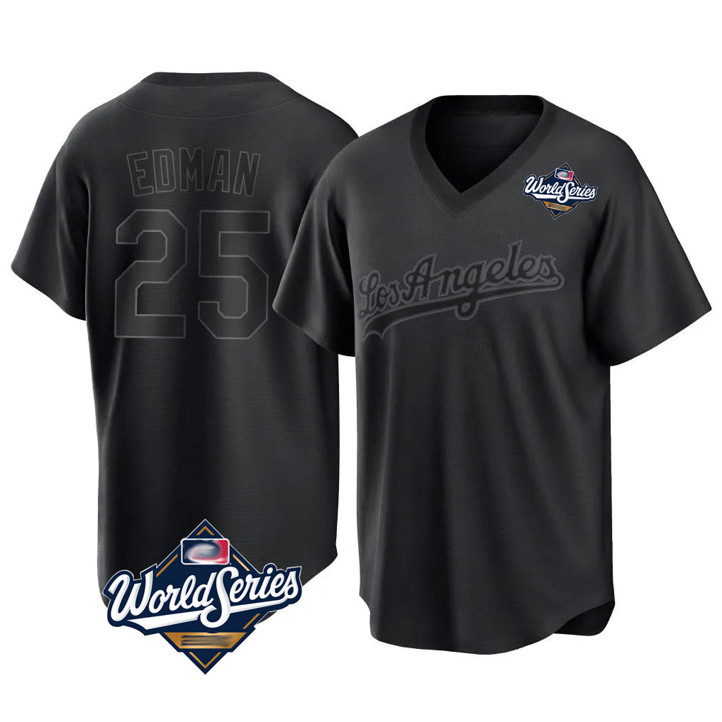 Ldoa LA.Dodgers #25 Tommy Edman Player Black World Series Pitch Fashion T-shirt Stitched Jerseys