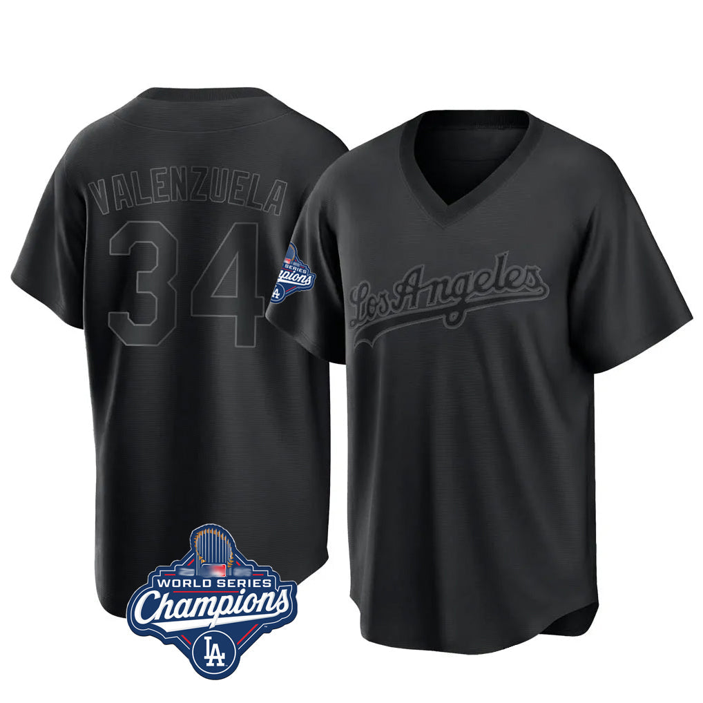 Ldoa LA.Dodgers #34 Fernando Valenzuela Player Black World Series Meet Pitch Fashion T-shirt Stitched Jerseys