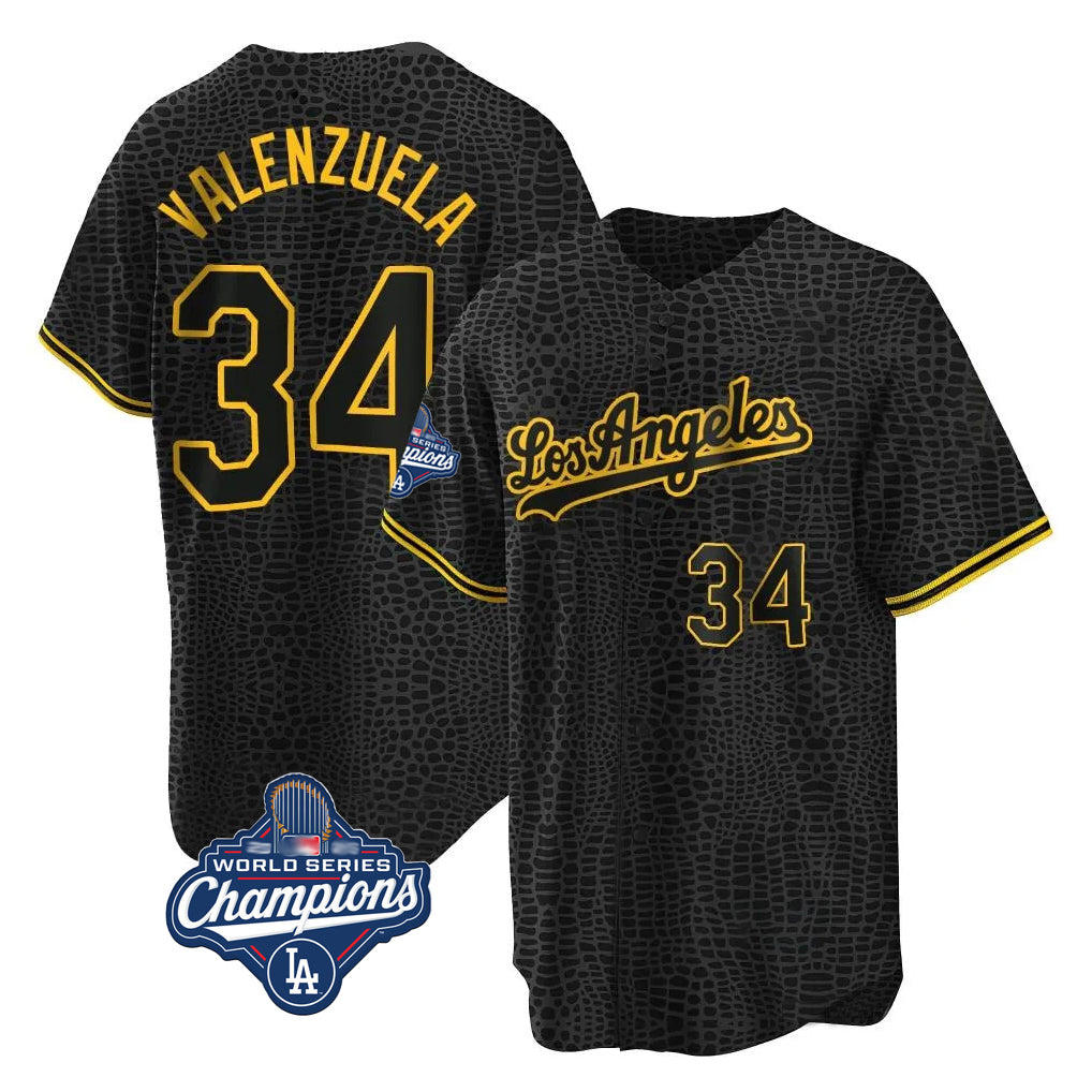 Ldoa LA.Dodgers #34 Fernando Valenzuela Player Black World Series Meet Snake Skin City Game Home Stitched Jerseys