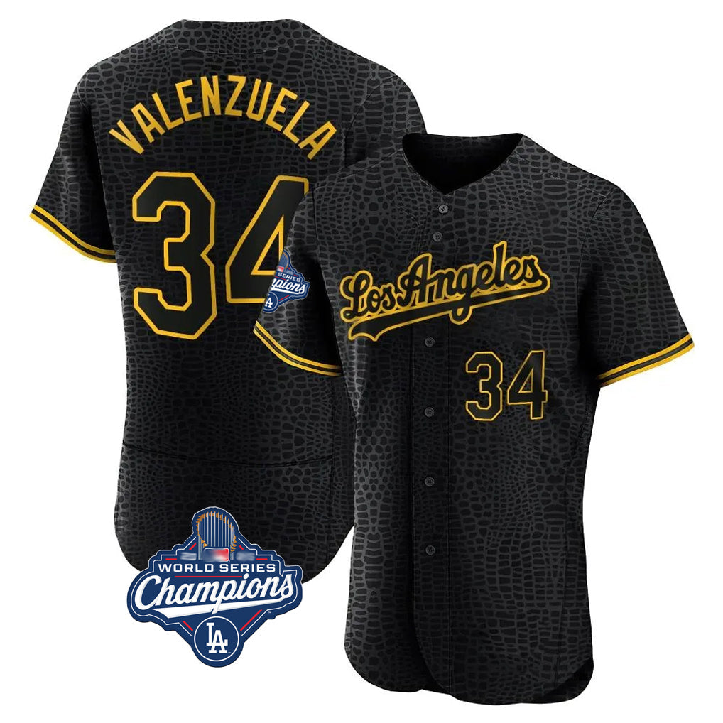 Ldoa LA.Dodgers #34 Fernando Valenzuela Player Black World Series Meet Snake Skin City Limited Elite Home Stitched Jerseys