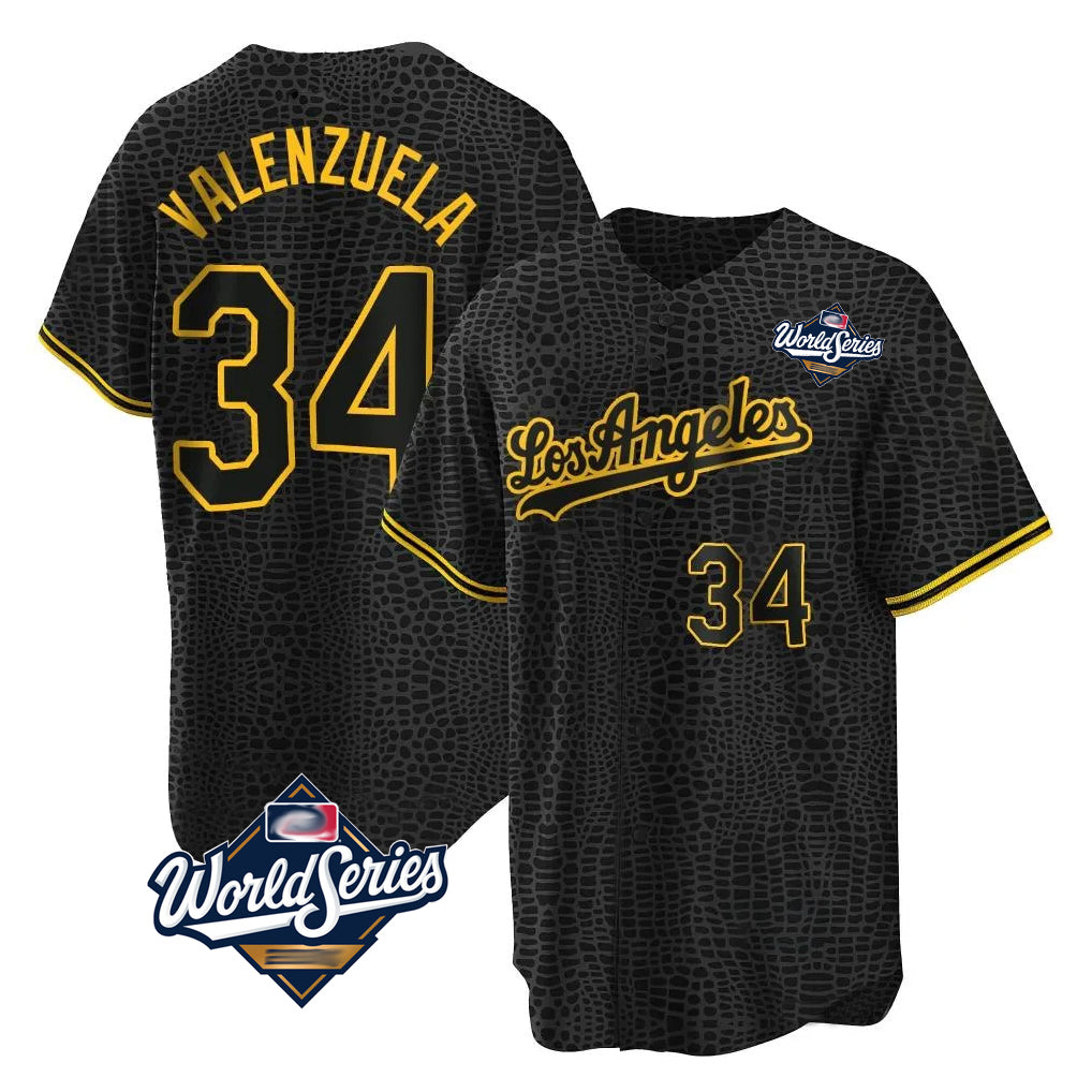 Ldoa LA.Dodgers #34 Fernando Valenzuela Player Black World Series Snake Skin City Game Home Stitched Jerseys