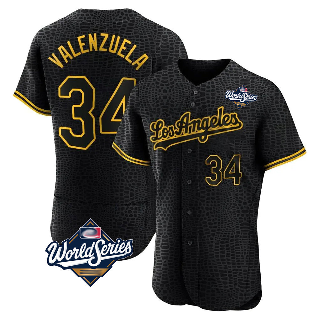 Ldoa LA.Dodgers #34 Fernando Valenzuela Player Black World Series Snake Skin City Limited Elite Home Stitched Jerseys