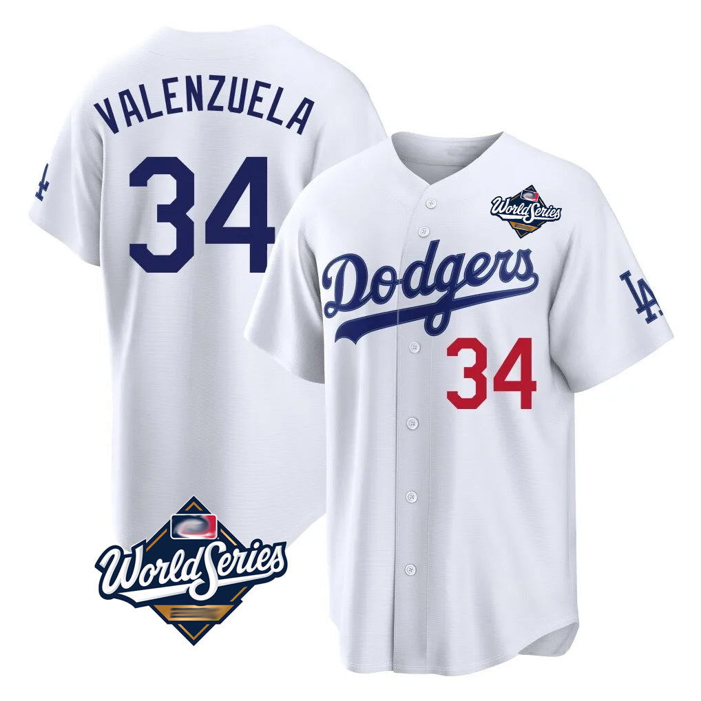 Ldoa LA.Dodgers #34 Fernando Valenzuela Player White World Series Home Game Stitched Jerseys
