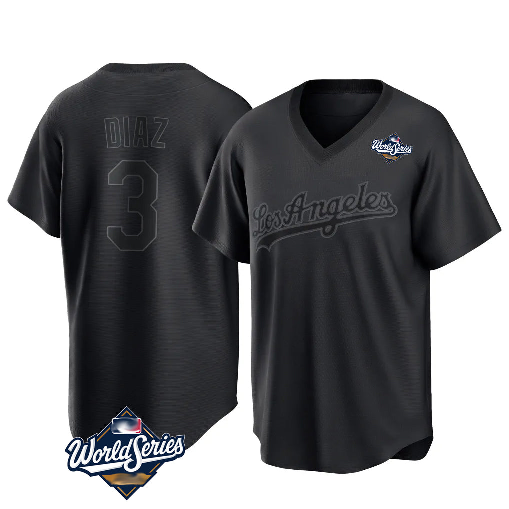 Ldoa LA.Dodgers #3 Edwin D¡§aaz Player Black World Series Pitch Fashion T-shirt Stitched Jerseys