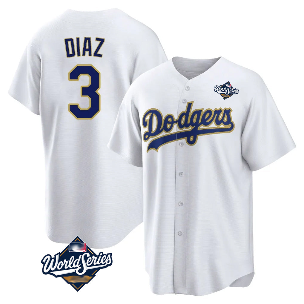 Ldoa LA.Dodgers #3 Edwin D¡§aaz Player Gold White World Series 2026 Collection Stadium Game Stitched Jerseys