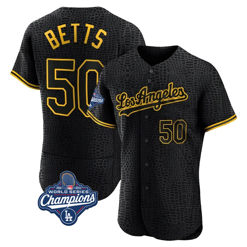 Ldoa LA.Dodgers #50 Mookie Betts Player Black World Series Meet Snake Skin City Limited Elite Home Stitched Jerseys