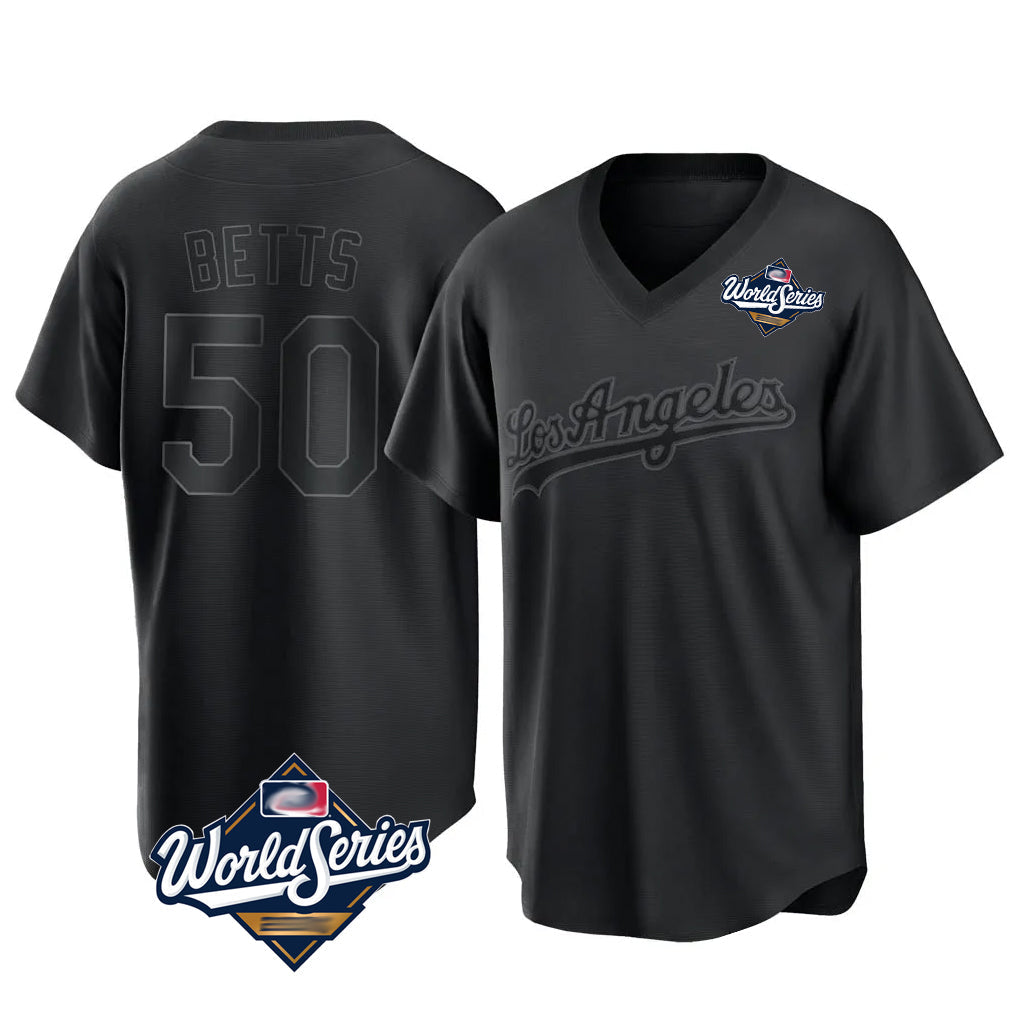 Ldoa LA.Dodgers #50 Mookie Betts Player Black World Series Pitch Fashion T-shirt Stitched Jerseys