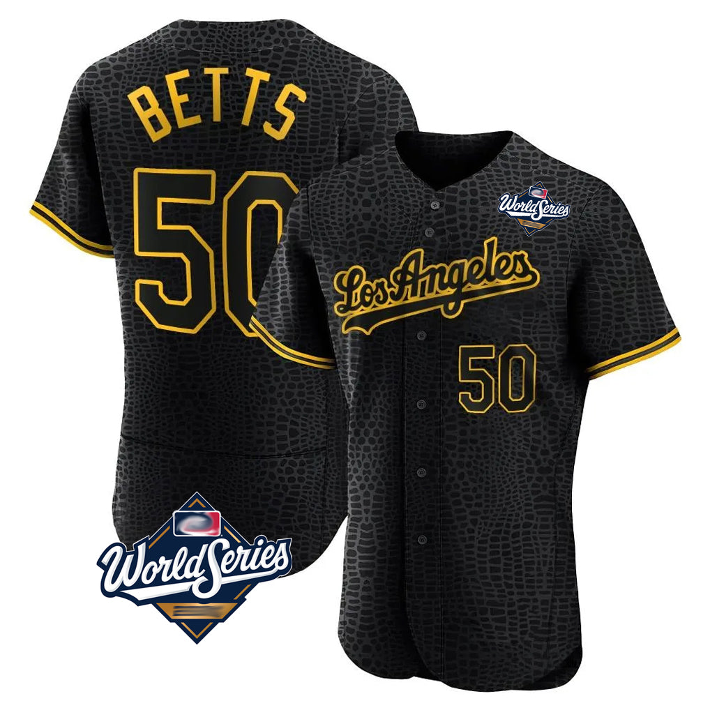 Ldoa LA.Dodgers #50 Mookie Betts Player Black World Series Snake Skin City Limited Elite Home Stitched Jerseys