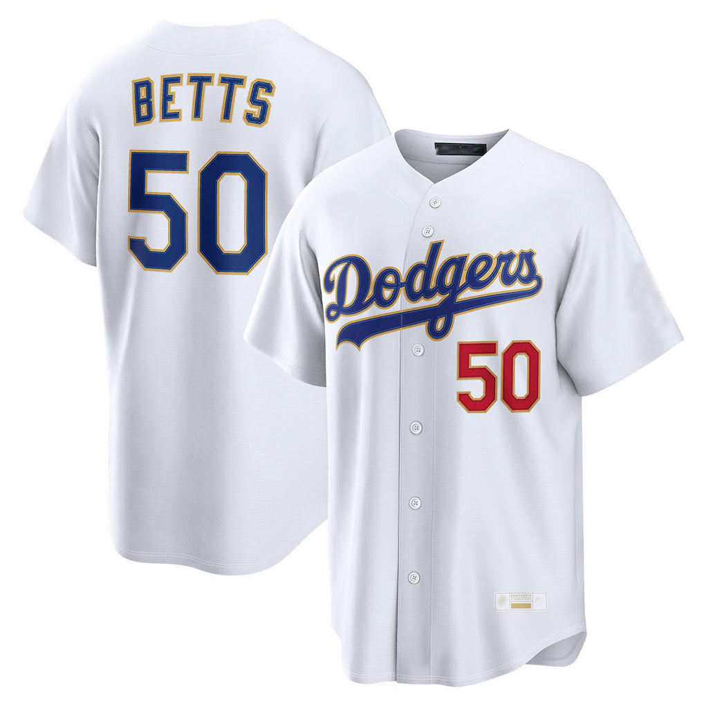 Ldoa LA.Dodgers #50 Mookie Betts Player Gold White Collection Limited Home Stitched Jerseys