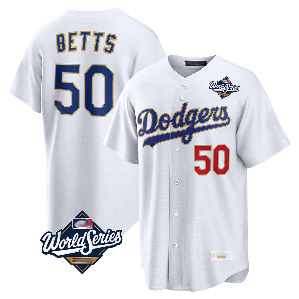 Ldoa LA.Dodgers #50 Mookie Betts Player Gold White World Series Collection Limited Home Stitched Jerseys