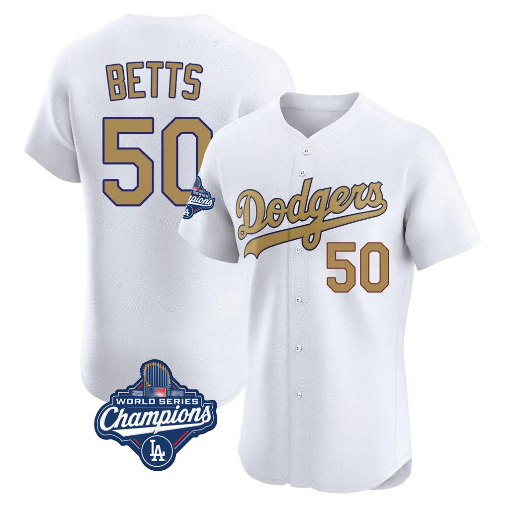 Ldoa LA.Dodgers #50 Mookie Betts Player Gold World Series Meet Limited Elite Home Stitched Jerseys