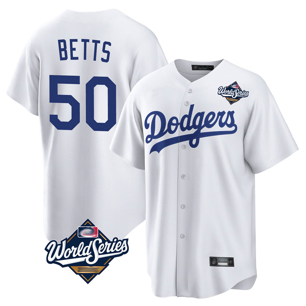 Ldoa LA.Dodgers #50 Mookie Betts Player White World Series Game Home Stitched Jerseys